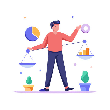 Balancing Business: Man with Scales, Pie Chart and Bar Graph in Flat Styleのイラスト素材