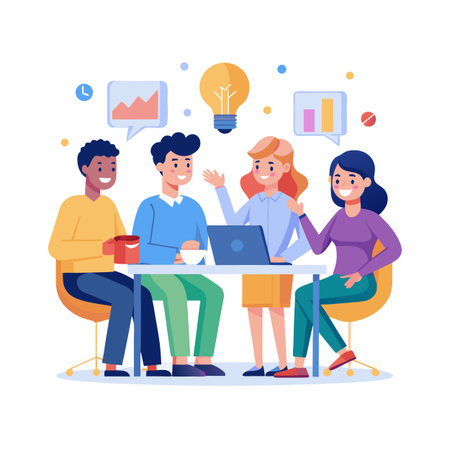 Diverse team brainstorming ideas in a meeting, charts, light bulb and laptop on tableのイラスト素材