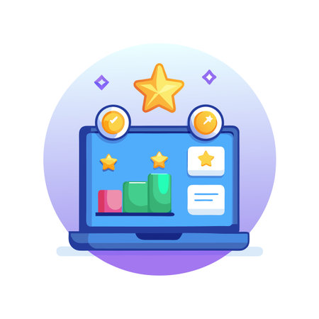 Laptop with performance chart, stars, and progress indicators for tracking goals and achievementsのイラスト素材