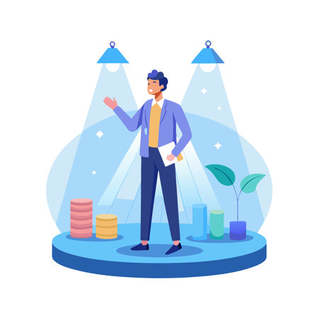 Financial Growth Presentation: Businessman Showcasing Progress with Coins and Plantのイラスト素材