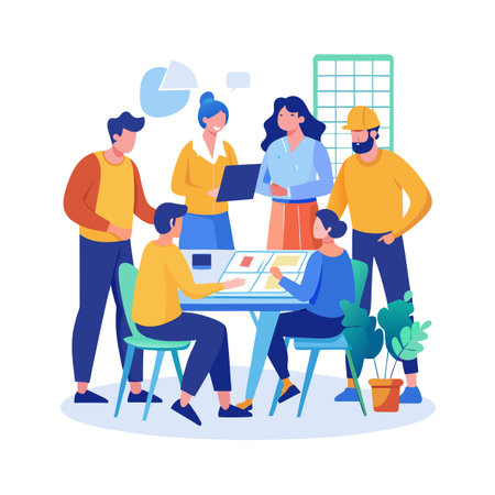 Diverse Team Meeting Around Table Discussing Data and Strategy, Teamwork in Modern Flat Designのイラスト素材