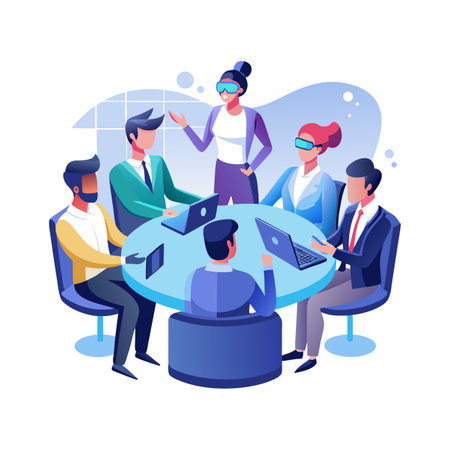 Team meeting with VR technology discussing future plans, innovative workspace, vector illustrationのイラスト素材