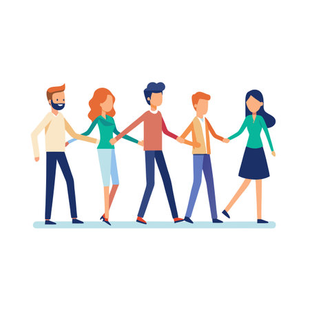 Teamwork and collaboration: A group of diverse people holding hands and walking togetherのイラスト素材