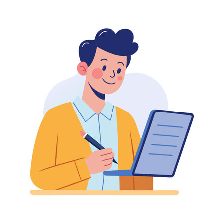 Cartoon man writing on a digital tablet, wearing yellow cardigan, vector illustration.のイラスト素材