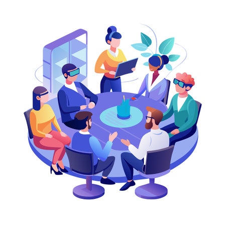 Diverse business team using VR headsets for a futuristic office meeting, isometric illustrationのイラスト素材