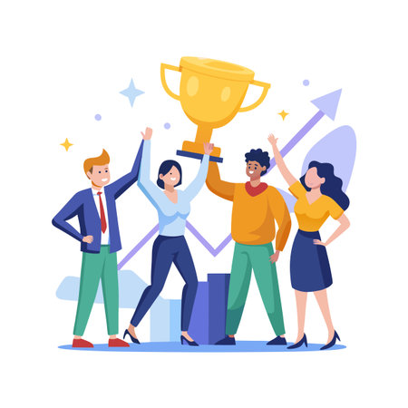 Business team celebrating victory with golden trophy, success and achievement conceptのイラスト素材