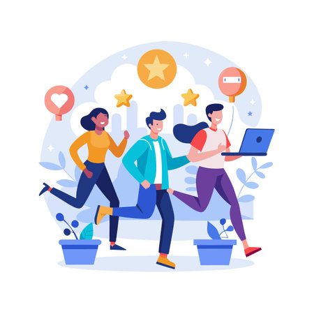 Team of Young Professionals Running Towards Success, Achieving Goals and Growing Togetherのイラスト素材