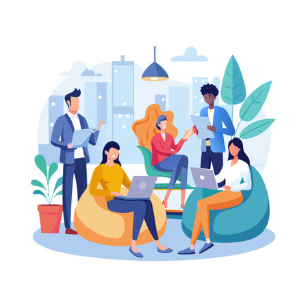 Team Collaboration Illustration: Diverse Professionals Working Together in a Modern Office Spaceのイラスト素材
