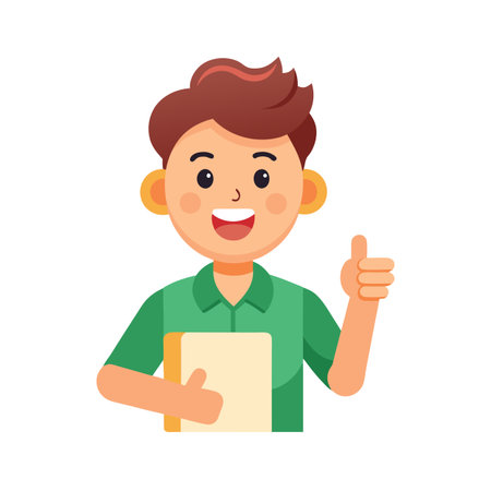 Young man smiling and giving thumbs up gesture holding file or book cartoon illustration.のイラスト素材