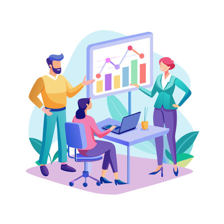 Collaborative Business Meeting with Data Analysis Presentation in a Modern Office Settingのイラスト素材