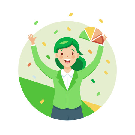 Successful Businesswoman Celebrating with Pie Chart in a Flat Design Style Illustrationのイラスト素材