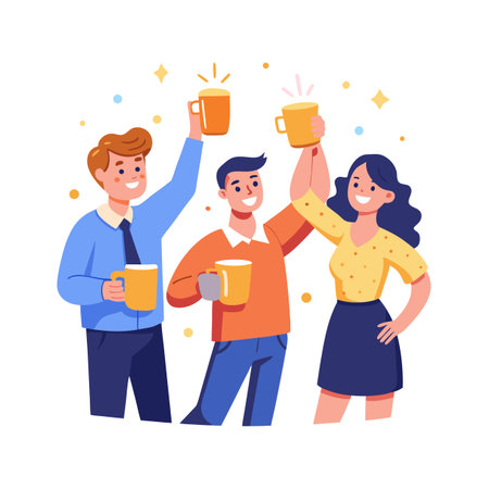 Cheerful colleagues celebrate with coffee, illustrating team spirit and positive work environment in a flat style vectorのイラスト素材