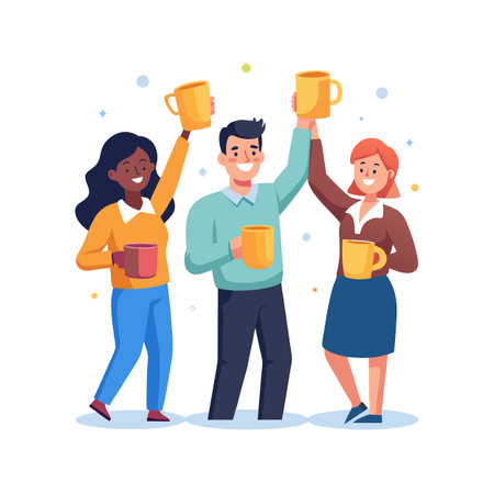 Diverse Team Celebrating Success with Coffee, Raising Mugs Together in Celebration on White Backgroundのイラスト素材