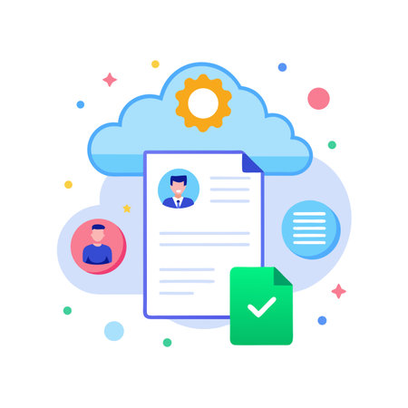 Online profile and recruitment process concept showing job application, cloud computing, and document approvalのイラスト素材