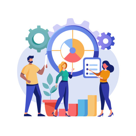 Team Discussing Business Strategy Using a Pie Chart and Data, Flat Vector Illustrationのイラスト素材