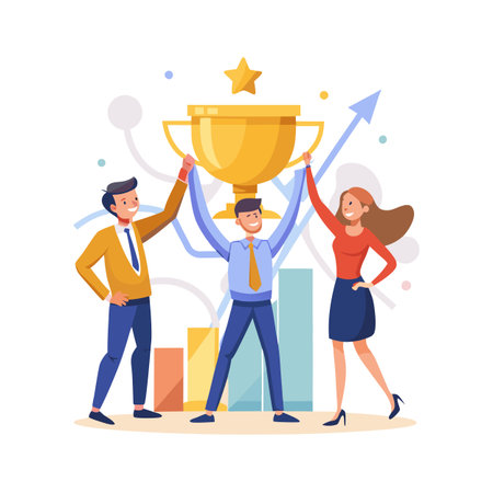 Team Celebrating Victory Holding Golden Trophy with Chart Growth and Geometric Shapes Backgroundのイラスト素材