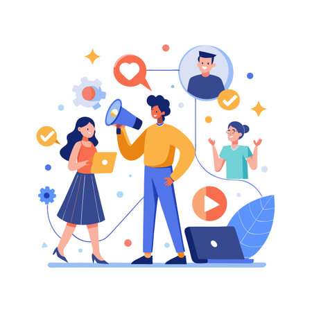 Digital marketing campaign illustration featuring diverse team members connecting through online channelsのイラスト素材