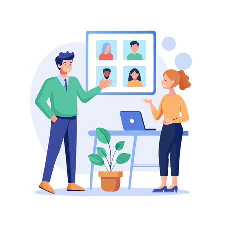 Two colleagues discuss video call on whiteboard in a modern office, teamwork conceptのイラスト素材