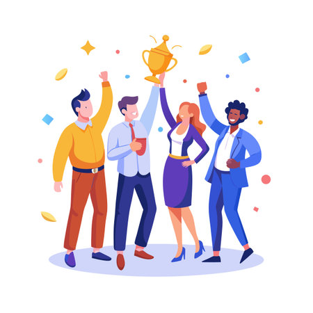 Diverse team celebrating victory, holding golden trophy amidst confetti with joy and achievementのイラスト素材