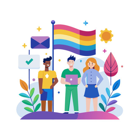 Diverse group of people stand together with a pansexual flag in a flat illustrationのイラスト素材