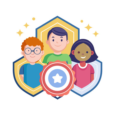 Diverse group of children with hero badge in flat design vector illustrationのイラスト素材