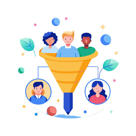 Customer Acquisition Strategy: Funnel with Diverse People Transforming into Loyal Customersのイラスト素材