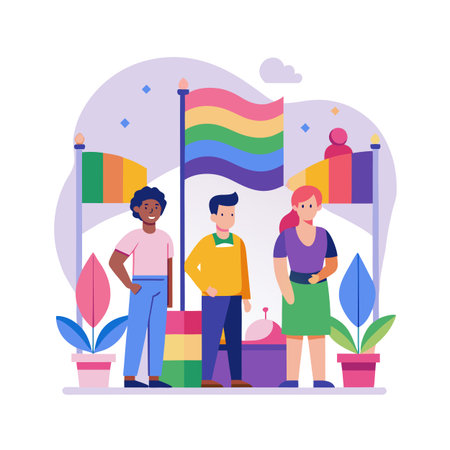 Pride Celebration with Diverse Group Standing Behind Rainbow and Inclusive Flagsのイラスト素材