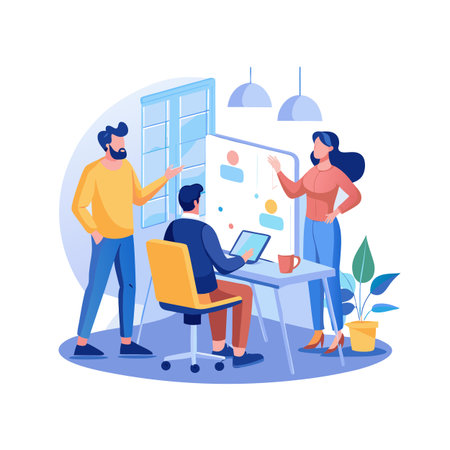 Team collaboration on a project depicted with three colleagues discussing a digital flowchart in officeのイラスト素材