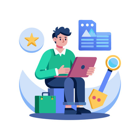 Modern flat illustration of a man working on a laptop surrounded by iconsのイラスト素材