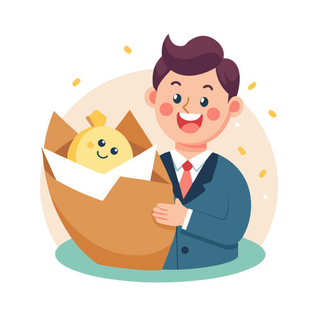 Cartoon man presents smiling egg character emerging from cracked shell, with confetti aroundのイラスト素材