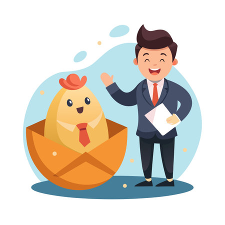 A Business Egg-cellent Presentation: A Cartoon Man and Egg Character Delivering a Reportのイラスト素材