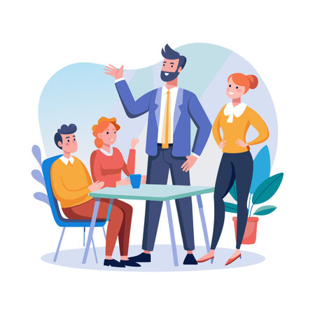 Business team meeting with a male leader, discussing and brainstorming ideas around a tableのイラスト素材