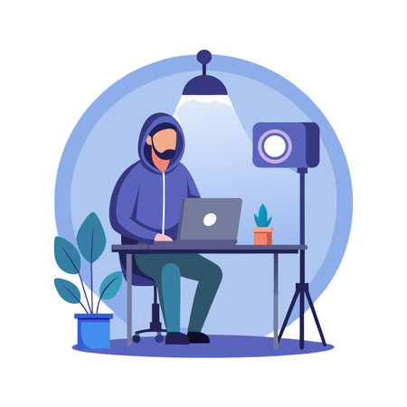 Freelancer in hooded sweatshirt works from home using laptop with a lamp and camera.のイラスト素材