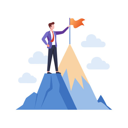 Man on mountain peak planting flag: success and achievement concept in flat styleのイラスト素材