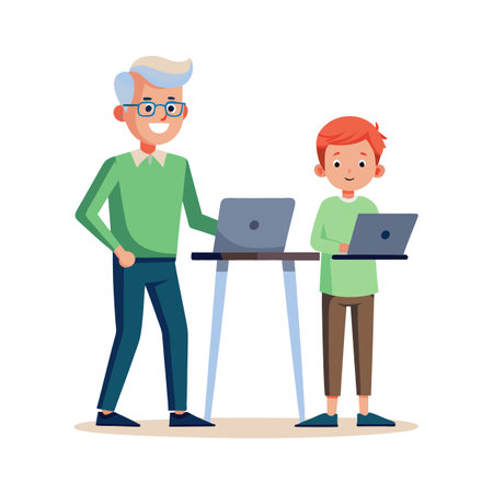 Cartoon grandfather and grandson working on laptops together at a standing deskのイラスト素材