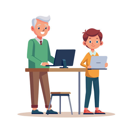 Grandfather and Grandson Working Together on Laptops, Generational Learning and Technology Use Illustrationのイラスト素材