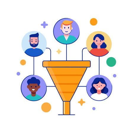 Customer Conversion Funnel Illustration with Diverse People Icons in a Marketing Conceptのイラスト素材