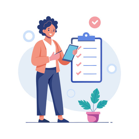 Woman with Tablet Checking Off Items on a Clipboard, Office Taskのイラスト素材