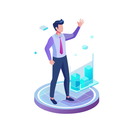 Isometric businessman stands on platform with bar graph, representing data analysis and business growthのイラスト素材