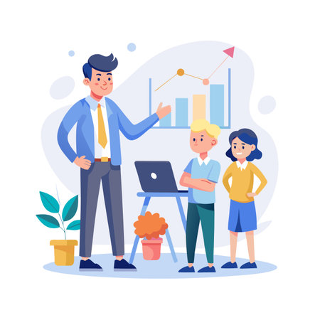 Business presentation with children explaining growth in sales and success in financial investmentsのイラスト素材
