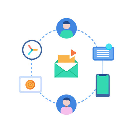 Connected communication network concept using email, mobile phone, calendar, and profile icons in a circular arrangement.のイラスト素材