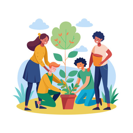 Group of young people planting a tree in a pot, environmental conservation illustrationのイラスト素材