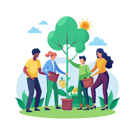 Diverse Group of People Planting a Tree Together on a Sunny Day Illustrationのイラスト素材