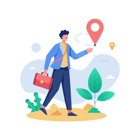 Man with briefcase following location pin points in a flat vector illustrationのイラスト素材