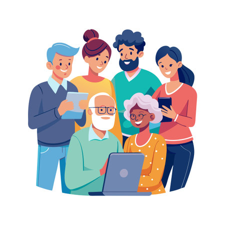 Intergenerational group working together using digital devices in a light and happy illustrative style.のイラスト素材