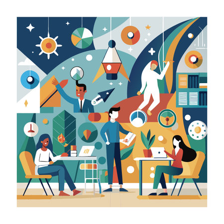 Innovative Team Collaboration in a Creative Workspace, Conceptual Illustration of Productivity and Goal Achievementのイラスト素材