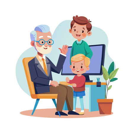 Grandfather with his grandsons using a computer in a stylized illustrationのイラスト素材