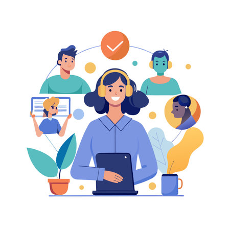 Online meeting with diverse team represented in flat illustration style on white backgroundのイラスト素材
