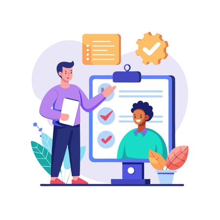 Business meeting with candidate on screen and data analysis for project successのイラスト素材