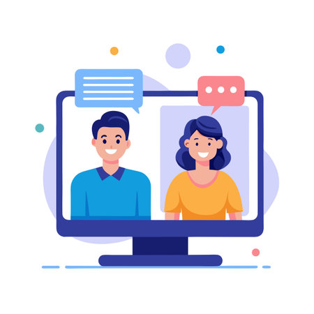 Online Video Conference with Man and Woman on Computer Screen with Speech Bubblesのイラスト素材